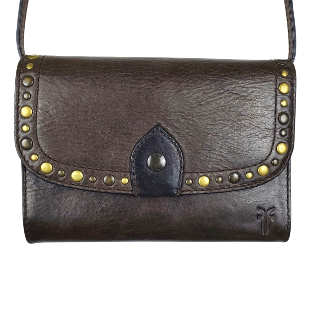 FRYE Brown Leather Studded Crossbody Wallet Bag Boho Western Organizer Purse